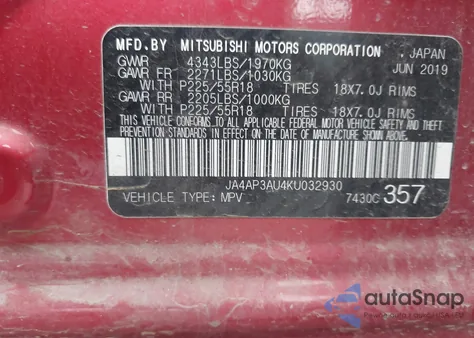 2019 Mitsubishi Outlander Sport 2.0 Es from USA, damaged, VIN JA4AP3AU4KU032930